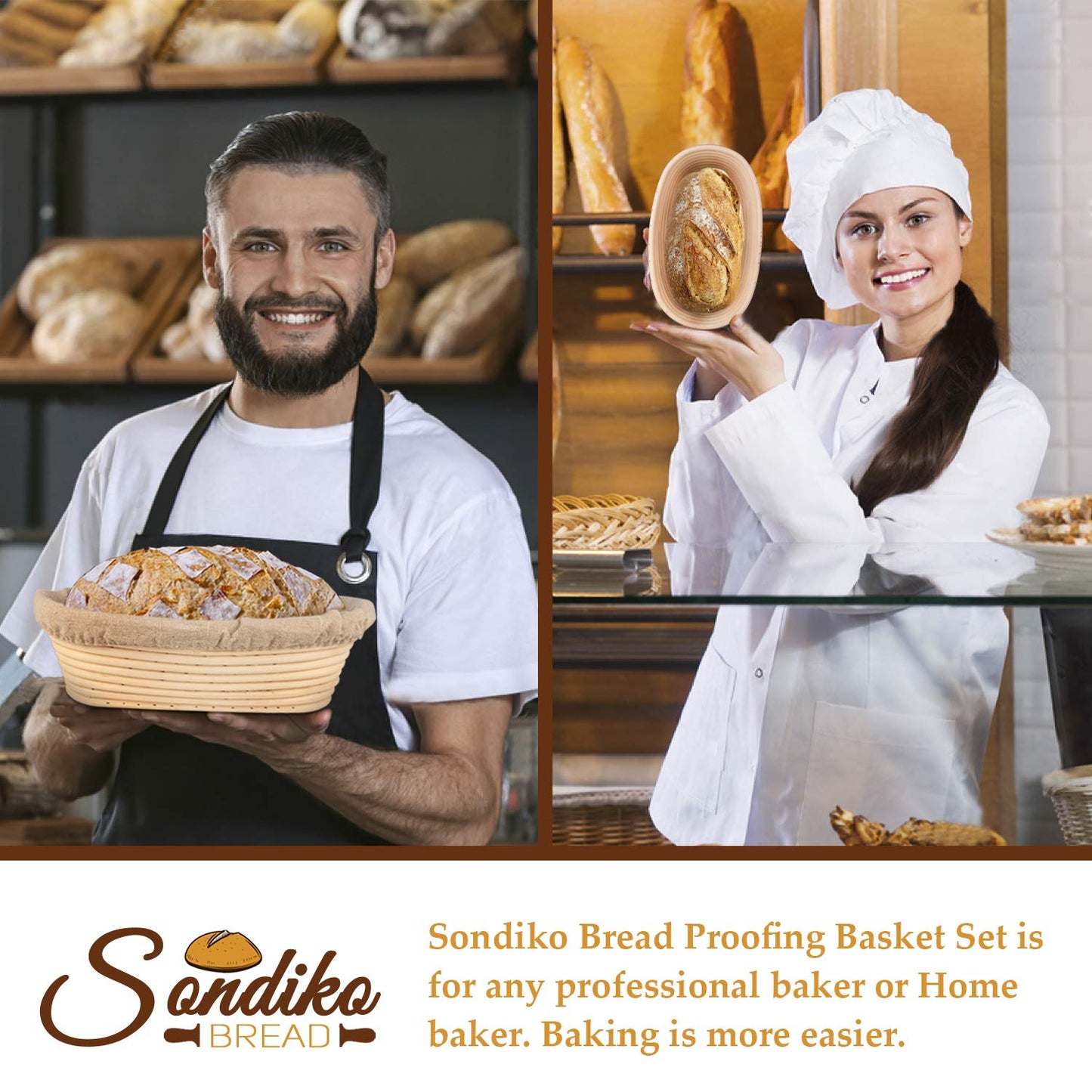 Sondiko Oval Sourdough Proofing Basket 2 Pack, Handmade Sourdough Bread Baking Supplies, Banneton Bread Proofing Basket with Proofing Cloth Liner for Sourdough Bread, Baking