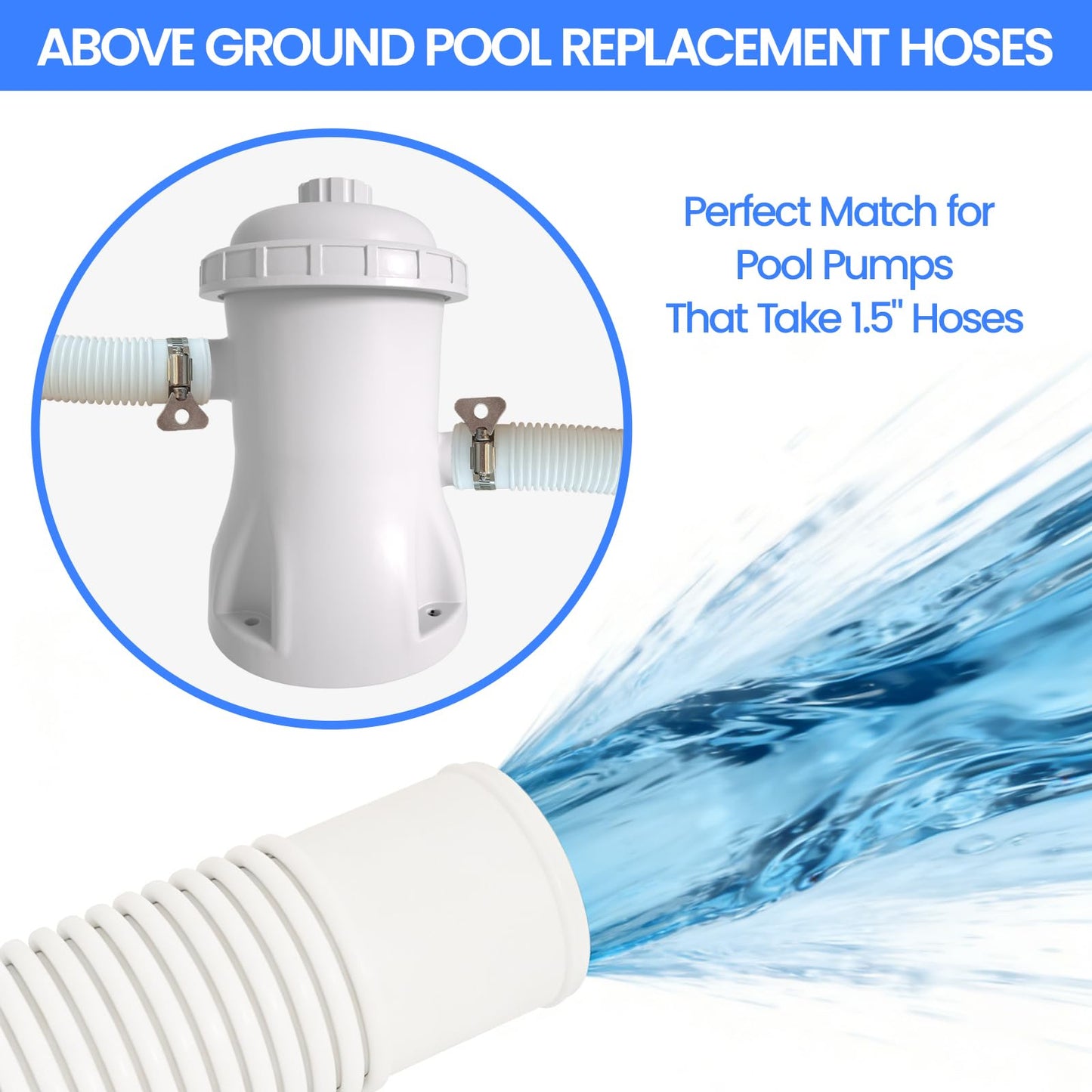 Poolvio 1.5" x 59" Above Ground Pool Hoses, 3-Pack, White- Heavy Duty UV Resistant Leak-Proof Replacement Hoses with 6 Metal Thumb Clamps, Perfectly Fits Intex Filter Pumps & Pool Surface Skimmers