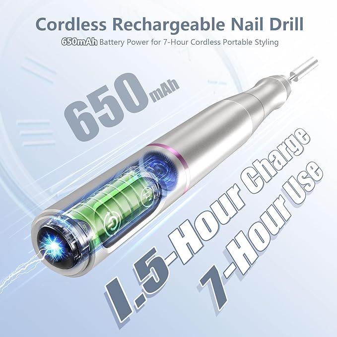 Cordless Nail Drill Electric Rechargeable File Kit, Professional Efile Acrylic Gel Nail Polish Remover Pedicure Manicure Machine Portable Set with 11 Bits 56 Sanding Bands for Salon Silver