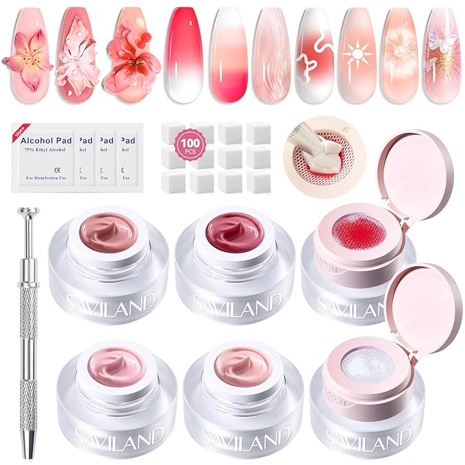 SAVILAND Cushion Patting Gel Polish Kit: 6 Colors Pat Gel UV LED Painting Gels with 100PCS Sponges for Nail Art Pigmented No Wipe Ombre Gels Polish Blooming Blush Aura Nails for DIY Home Salon