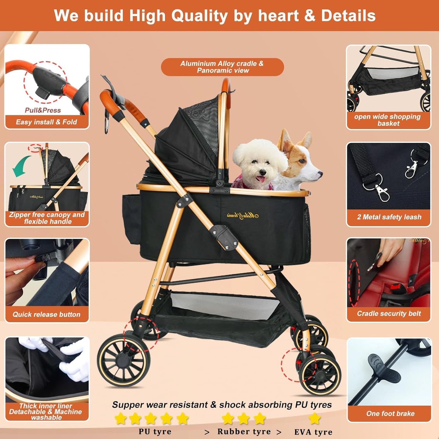MILA&LOUIS Dog Stroller, 24" Pet Cradle, Lightweight & Stylish Pet Stroller for Small and Medium Pets, 33 Lbs Capacity with Cup Holder, Hook, Detachable Aluminum Cradle (Black)