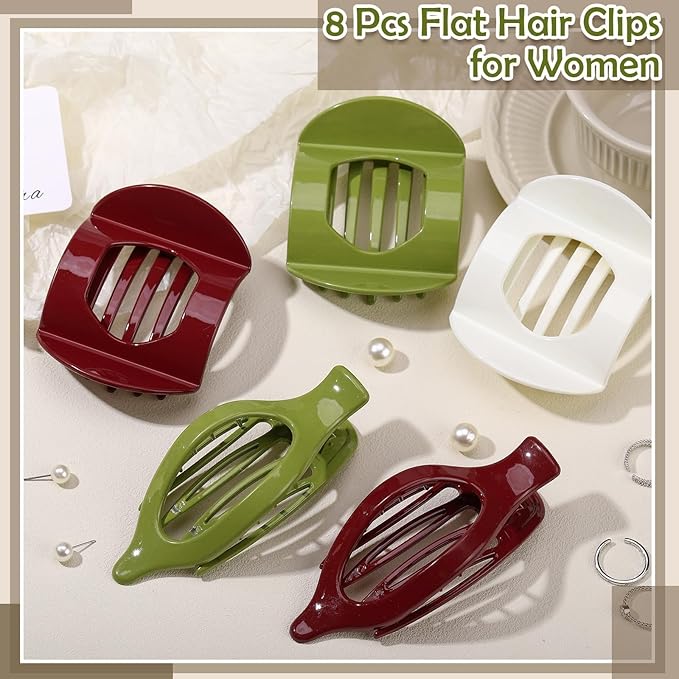 8 Pcs Christmas Flat Hair Clips for Women, 2 Styles French Flat Claw Clips Large Strong Hold Lay Down Claw Clips for Thick Thin Hair(Red Green)