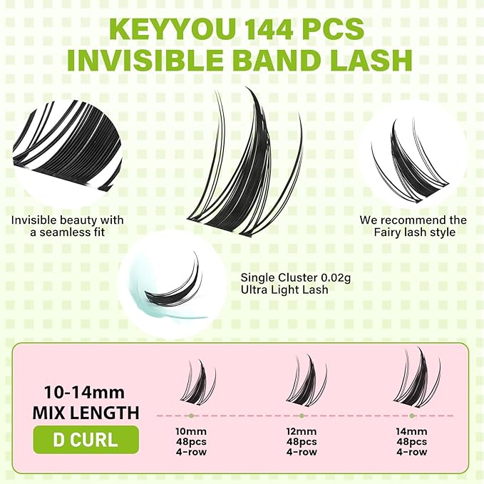KEYYOU Fairy Lash Clusters 144Pcs D Curl Manga Lash Extension Eyelash Extension Wispy Natural Invisible Band Lash with Waterproof DIY Lash Extension at Home(Fairy-D-10-14MIX)