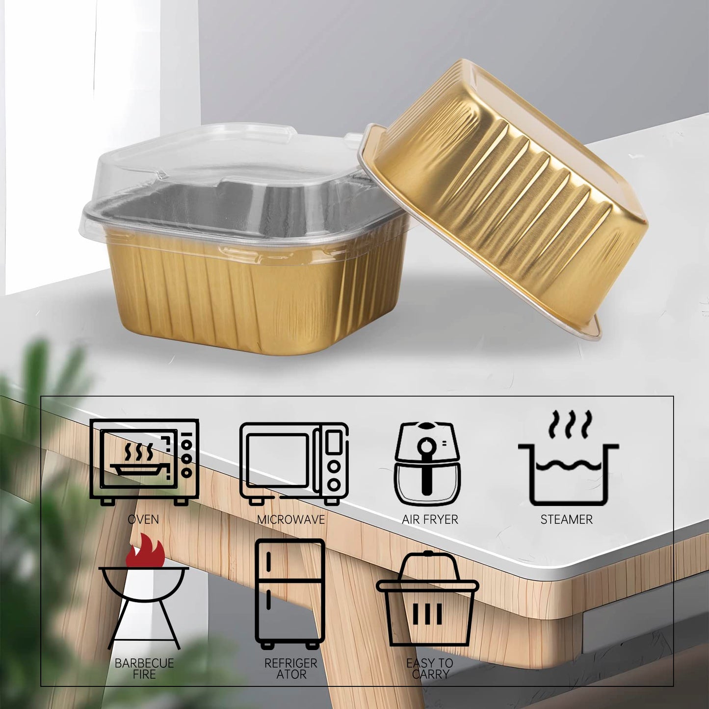 50 Pcs Mini Square Baking Cups with Lids,10oz Aluminum Foil Mini Cake Pans with Lids,Disposable Ramekins Cake Pans,300ml Dessert Cups Cupcake Pans for Wedding Birthday Party,Gold