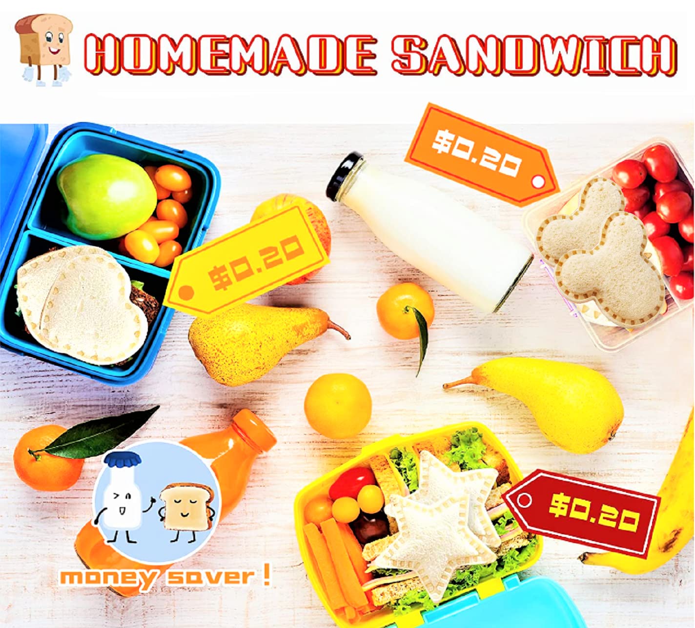 Uncrustable Sandwich Cutter, 12pcs Sandwich Cutter and Sealer sets, Uncrustable Maker, Crustless Sandwich Maker, Bread Cookie Cutters for Boys Girls Lunch & Bento Box (Dinosaur Heart Mouse Star)