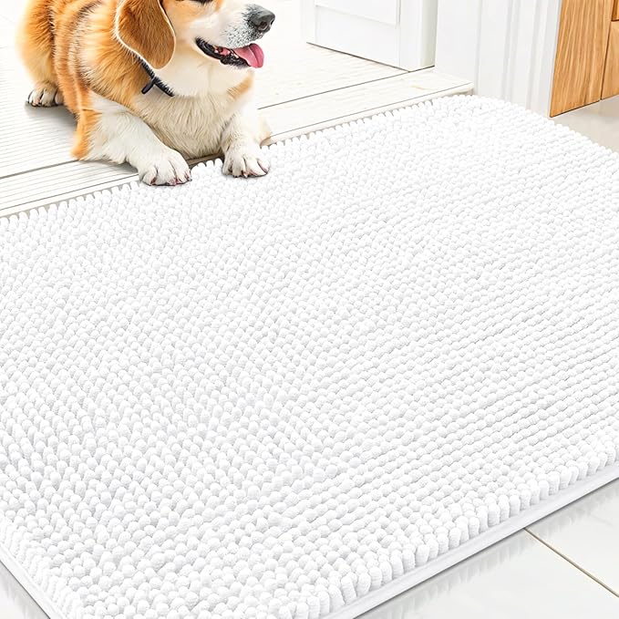 Smiry Dog Door Mat for Muddy Paws 30x20, Absorbs Moisture and Dirt Doormat, Non-Slip Washable Quick Dry Chenille Front Door Mat Indoor Entrance, Entryway Carpet for Inside Floor, White