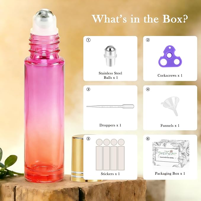 PrettyCare 4 Pack, 10 ml Essential Oil Roller Bottles with Stainless Steel Roller Ball - Refillable Leak-proof Empty Thick Red & Purple Glass Roll on Bottles with Golden Caps for Travel, Perfume