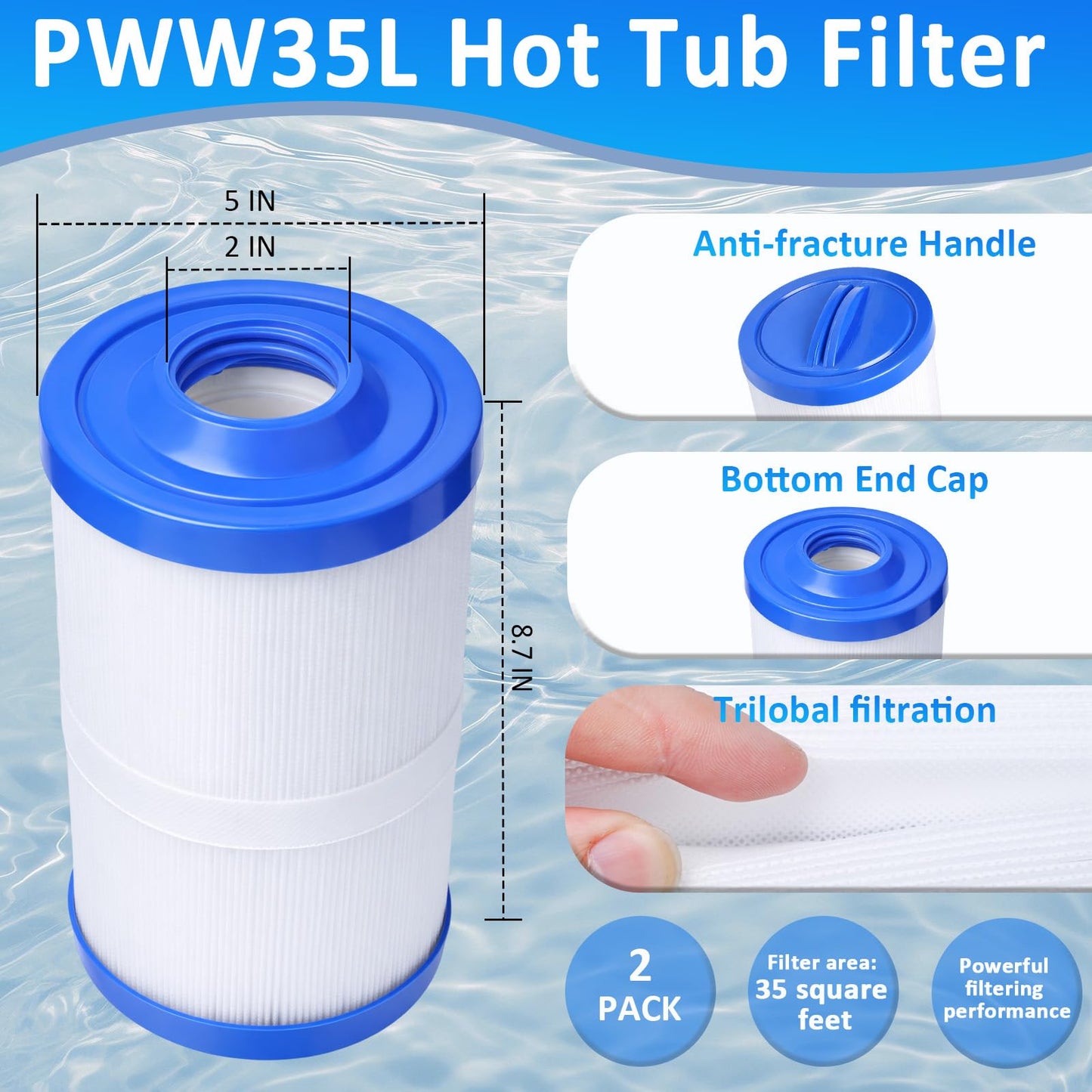 Foifatt PWW35L Hot Tub Filter Cartridge Filter Compatible with Unicel 4CH-935 Waterway 817-4035 Teleweir 35 SF, Pool & Spa Filter, 2 Pack