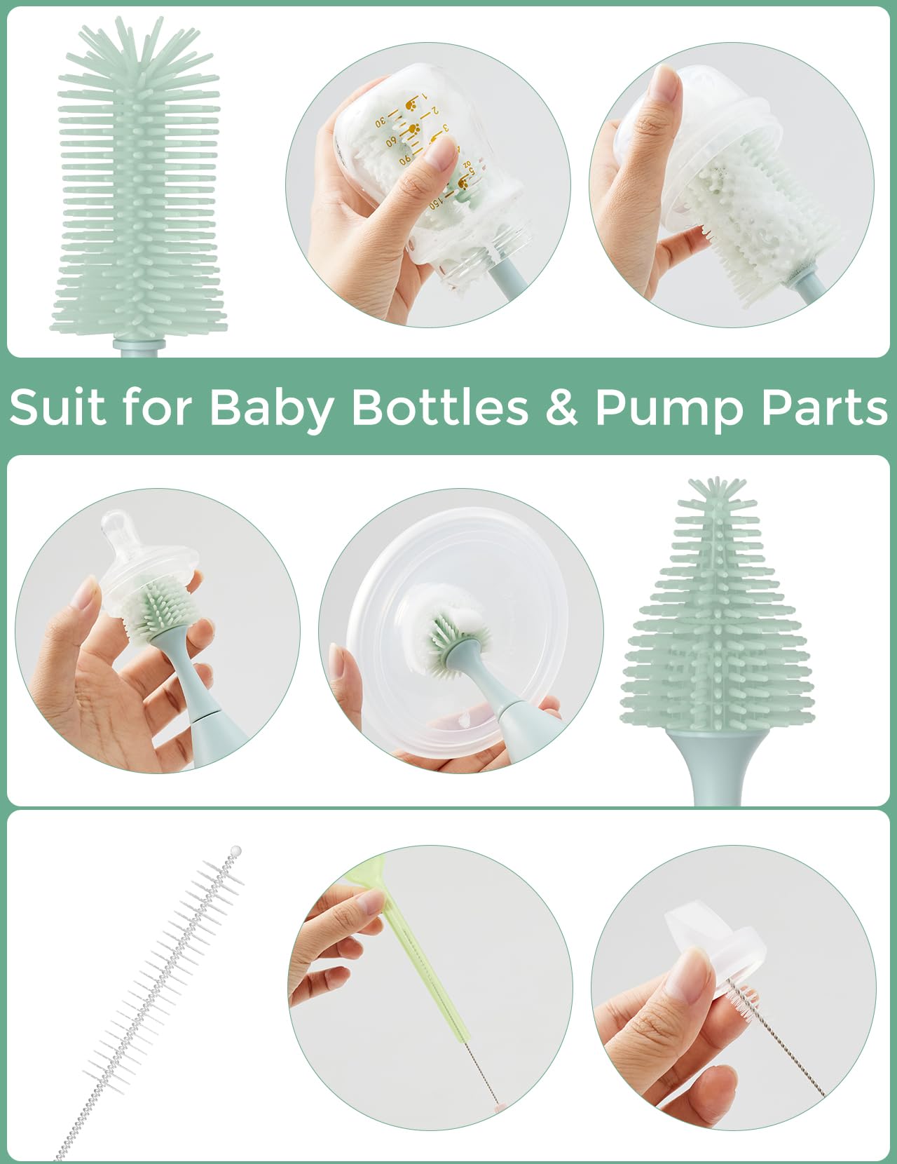 Momcozy Bottle Brush Kit with Push-Press Foam Design - Newborn Essentials Gift, Portable Cleaning Tool for Home & Travel, Baby Bottle Cleaner Brush for Breast Pumps & Nipples, Green