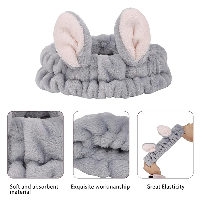 YISSION Bunny Ear Spa Headband & Wristband Set for Women and Girls - Soft Plush Makeup Headband with Embroidered Bunny Wrist Towels for Face Washing, Skincare, Easter (Gray & White)