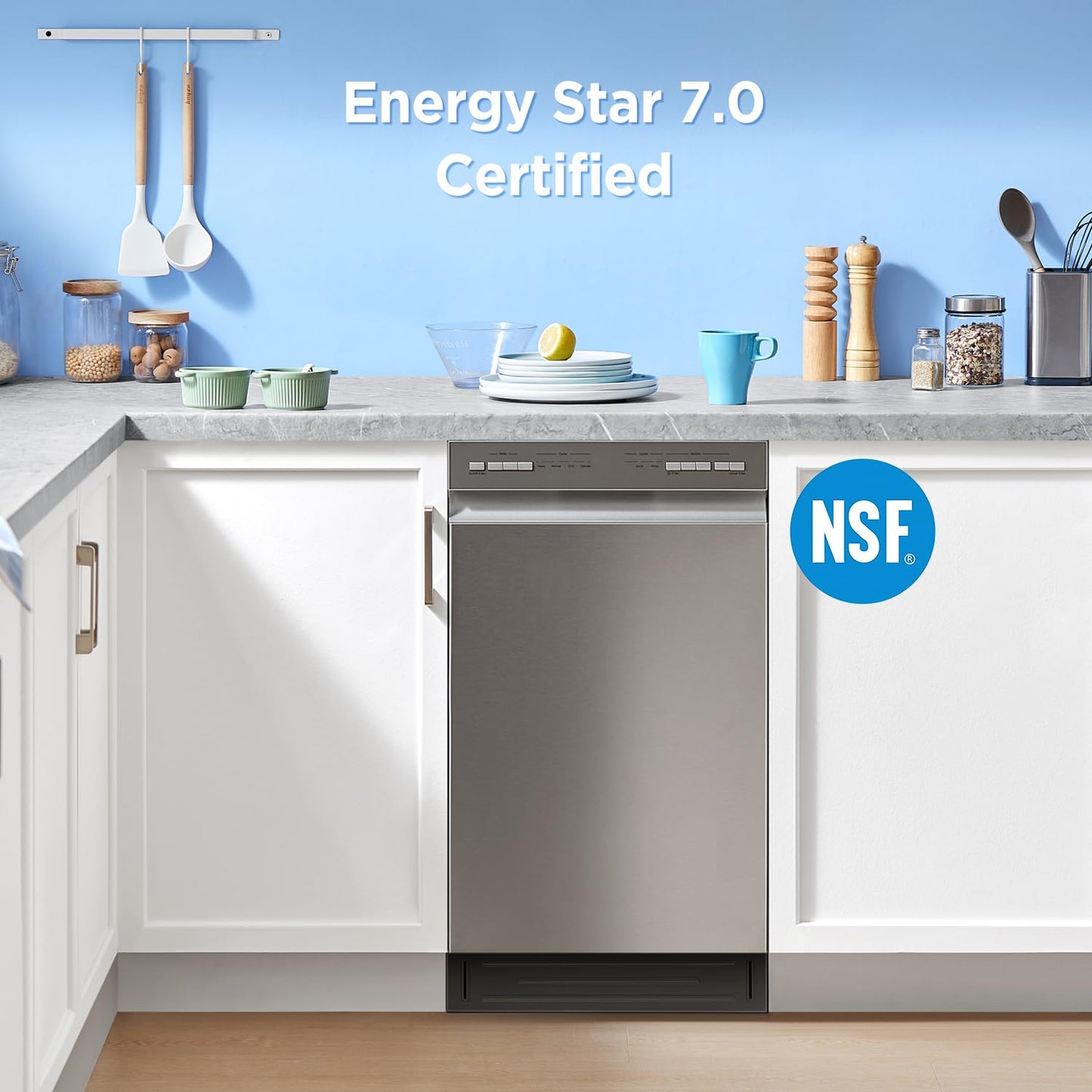 Midea 18 Inch Built-in Dishwasher, Slim Space-Saving Design with 8 Place Settings, 6 Washing Programs & Stainless Steel Tub, Energy Star Certified Dishwasher with Heated Dry & High Temp Wash, Silver