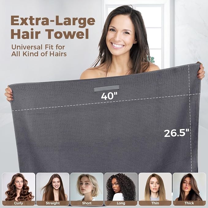 HOMEXCEL 2 Pack Large Microfiber Hair Towels Waffle Weave- 40 x 26.5 inches Fast Drying Turbans for Long, Thick, Curly Hair - Anti Frizz Wrap with Elastic Strap, Black/Grey