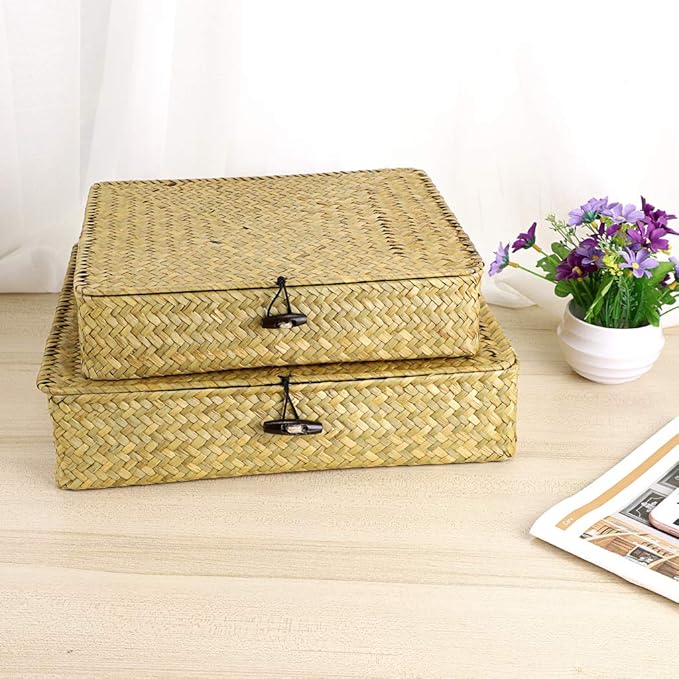 Hipiwe Natural Seagrass Storage Bins with Lid, Woven Wicker Basket Boxes Home Organizer Bins Shelf Organizer Box,Set of 2