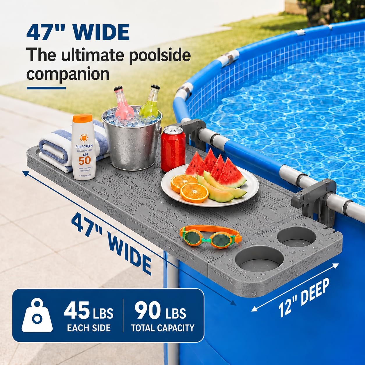 Arlierss Pool Bar for Above Ground Pool, Swim Up Bars for Pool, 47" x 12" Pool Side Table with 90 lbs Capacity, Poolside Bar Clip-On Foldable Tabletop Easy Install