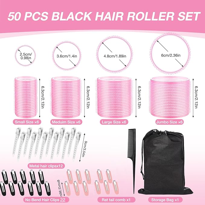 60 Pcs Hair Rollers for Women, Rollers Hair Curlers, 24 Pcs in 4 Sizes(60/48/36/25mm), Self Grip Hair Rollers Set with 34 Pcs Stainless Steel Clips for Long, Medium, Short, Storage Bag, Comb