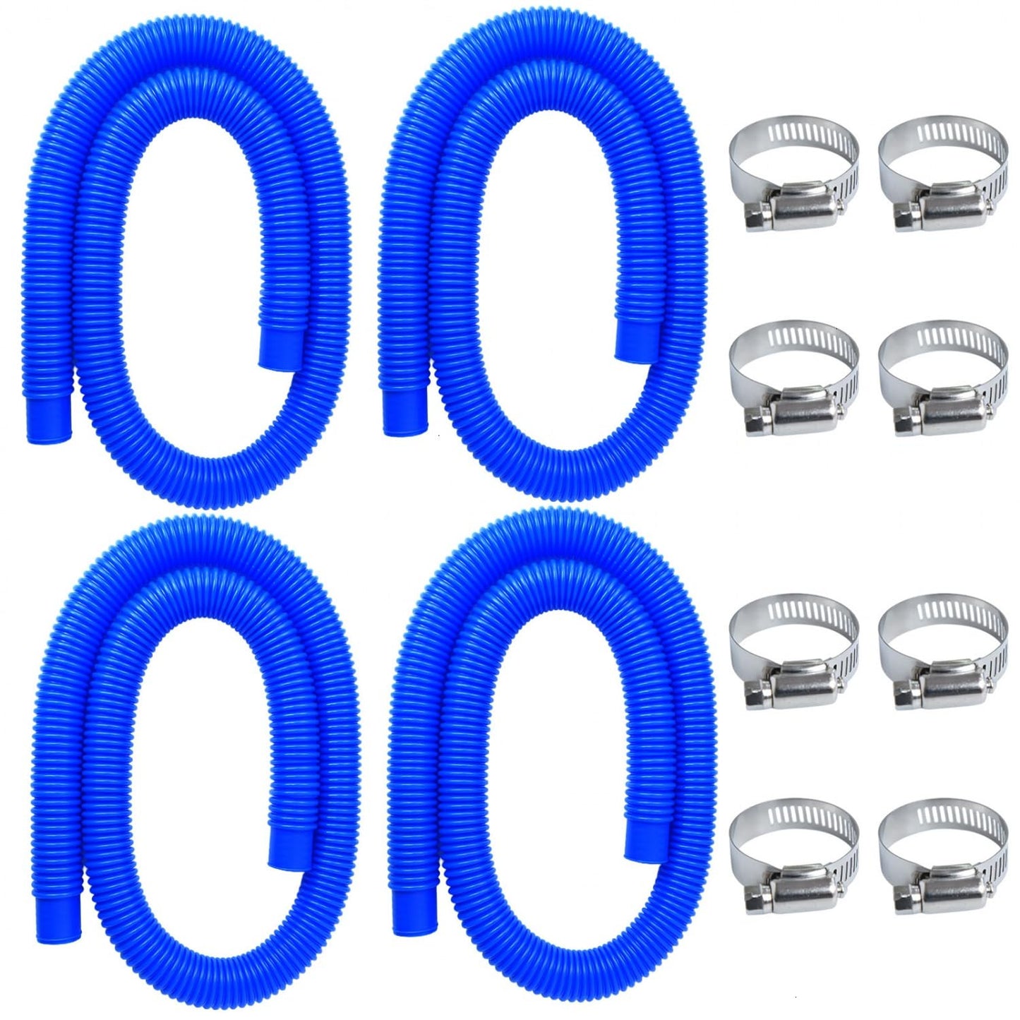 Gonioa Pool Pump Replacement Hose for Above Ground Pools, 1.25 x 59 Inch Filter Hose, Compatible with Intex Filter Pump 607, 637, 330GPH, 530GPH, 1,000GPH, Includes 8 Metal Clamps, Blue (4 Pack)