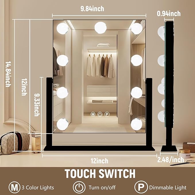 Black Hollywood Vanity Mirror with Lights, 9 Dimmable Bulbs, 3 Color Lights,Make Up Lighted Mirror, 10x Magnification 360°Rotation(12" x 14")