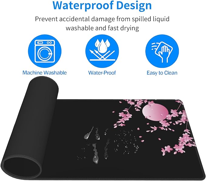 Japanese Cherry Blossom Gaming Mouse Pad XL, Black Desk Mat Large Mouse Pad Long 31.5x11.8in, Extended Big Desk Pad Pink Flower Mousepad with Non-Slip Base and Stitched Edges for Work Gaming Office