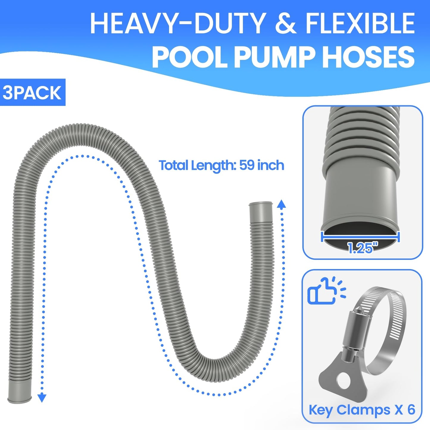 Poolvio Pool Hoses for Above Ground Pools 1.25" Diameter x 59" Long, 3-Pack, Heavy Duty UV Resistant & Leak-Proof Pool Pump Hoses with 6 Metal Thumb Clamps, Fits Intex Filter Pump 607/637