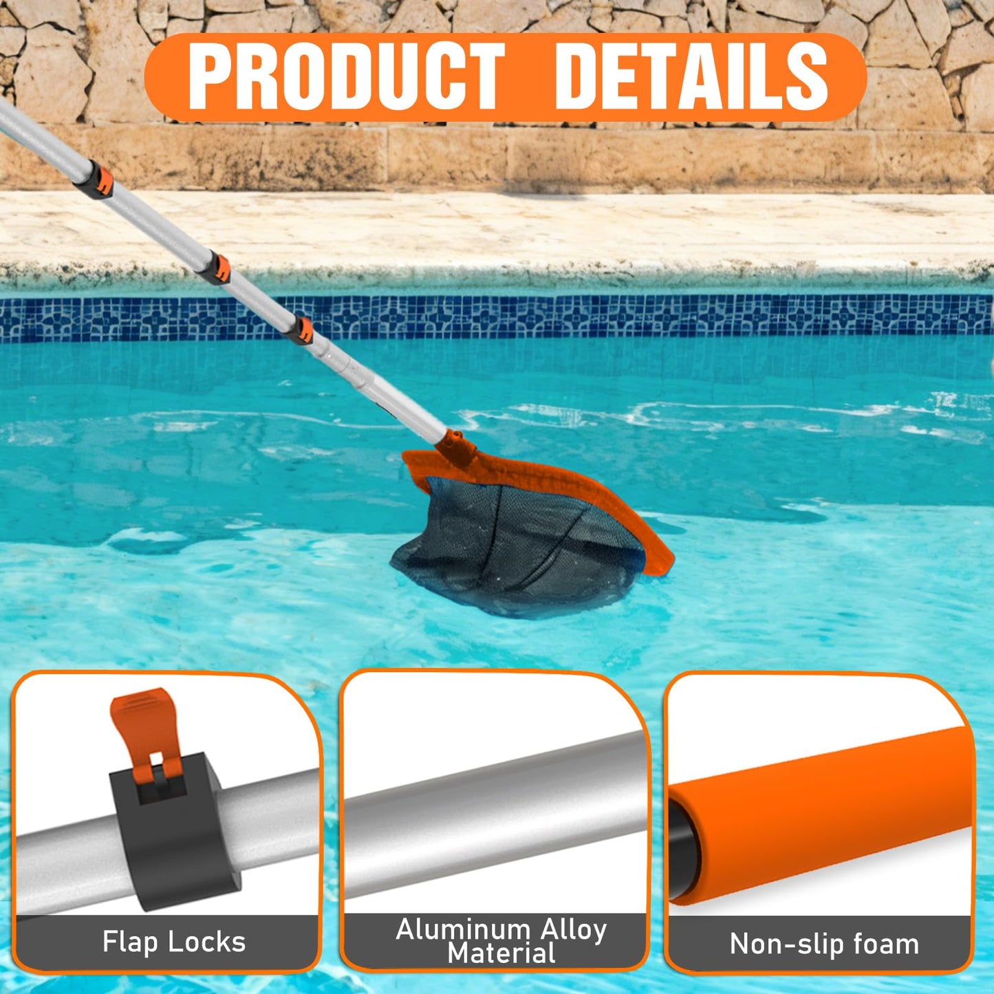 LAANPOLE 4-in-1 Pool Skimmer Net with Pole, Heavy Duty Pool Net and Fine Mesh Leaf Skimmer Net for Above Ground Pool, 16FT Telescopic Pool Pole with Professional Pool Net and Pool Hook for Cleaning