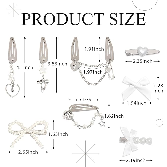 10PCS Y2K Hair Accessories Elegant Pearl Heart Hair Clips Satin White Small Hair Bows Metal Dangle Bowknot Barrettes for Hair