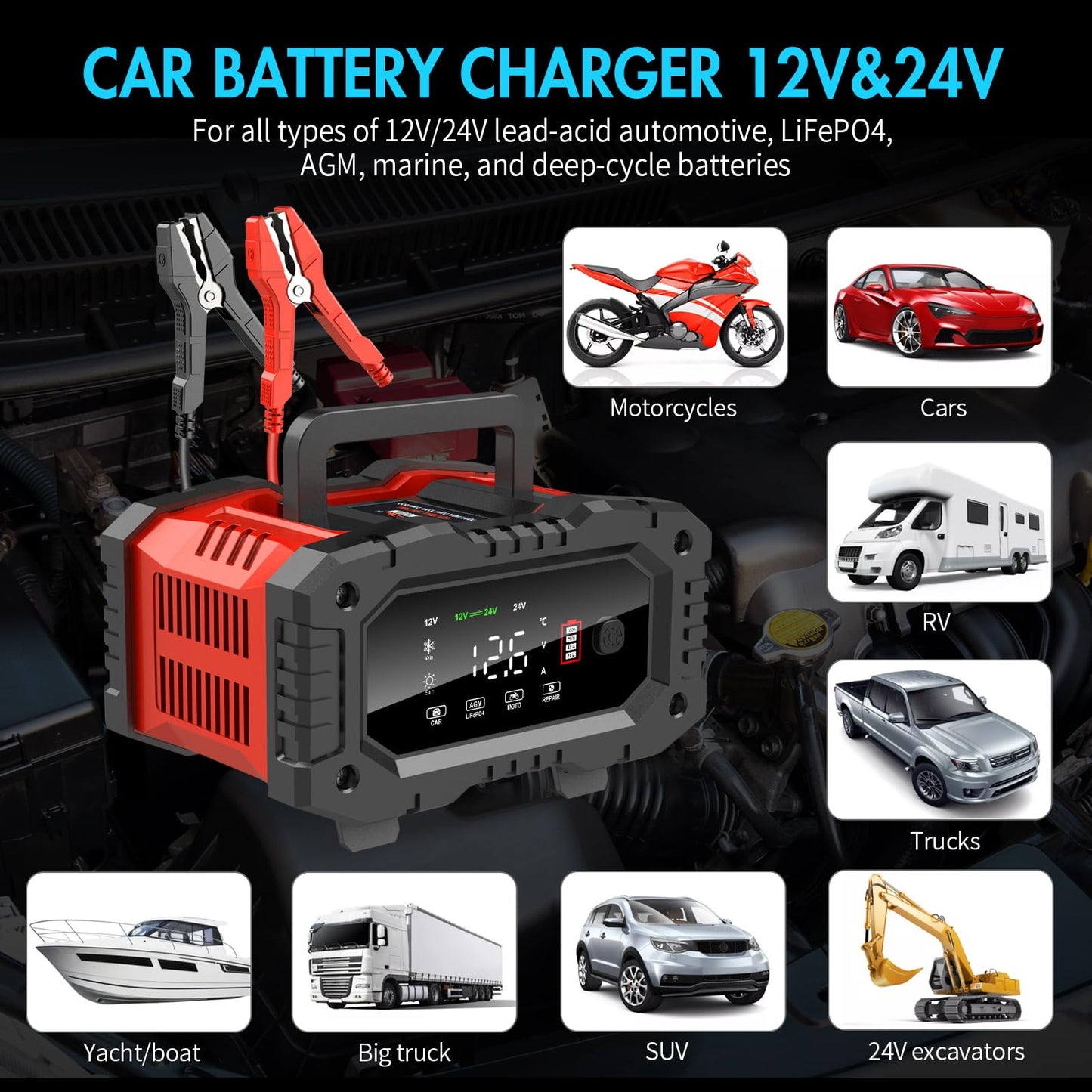 YONHAN Battery Charger 20A 12V/24V LiFePO4 Lead Acid Fully Automatic Battery Maintainer, Car Battery Trickle Charger Automotive w/Repair, Winter Mode, for AGM, STD, Gel, Deep Cycle Batteries
