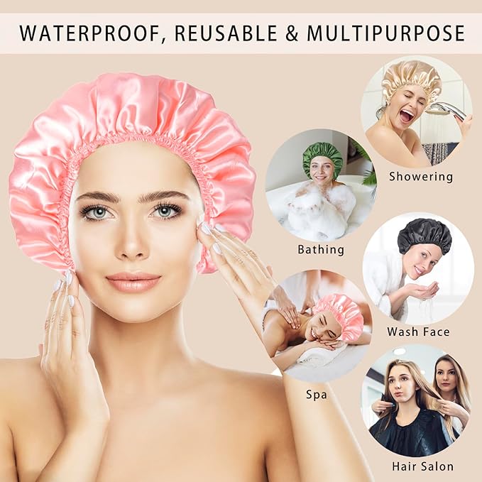 Shower Caps for Women, 4 PCS Elastic and Reusable Bath Caps, Double Layers Shower Cap Reusable Waterproof, Bathing Shower Caps, Environmental Bath Hair Protection Cap - Solid Color B