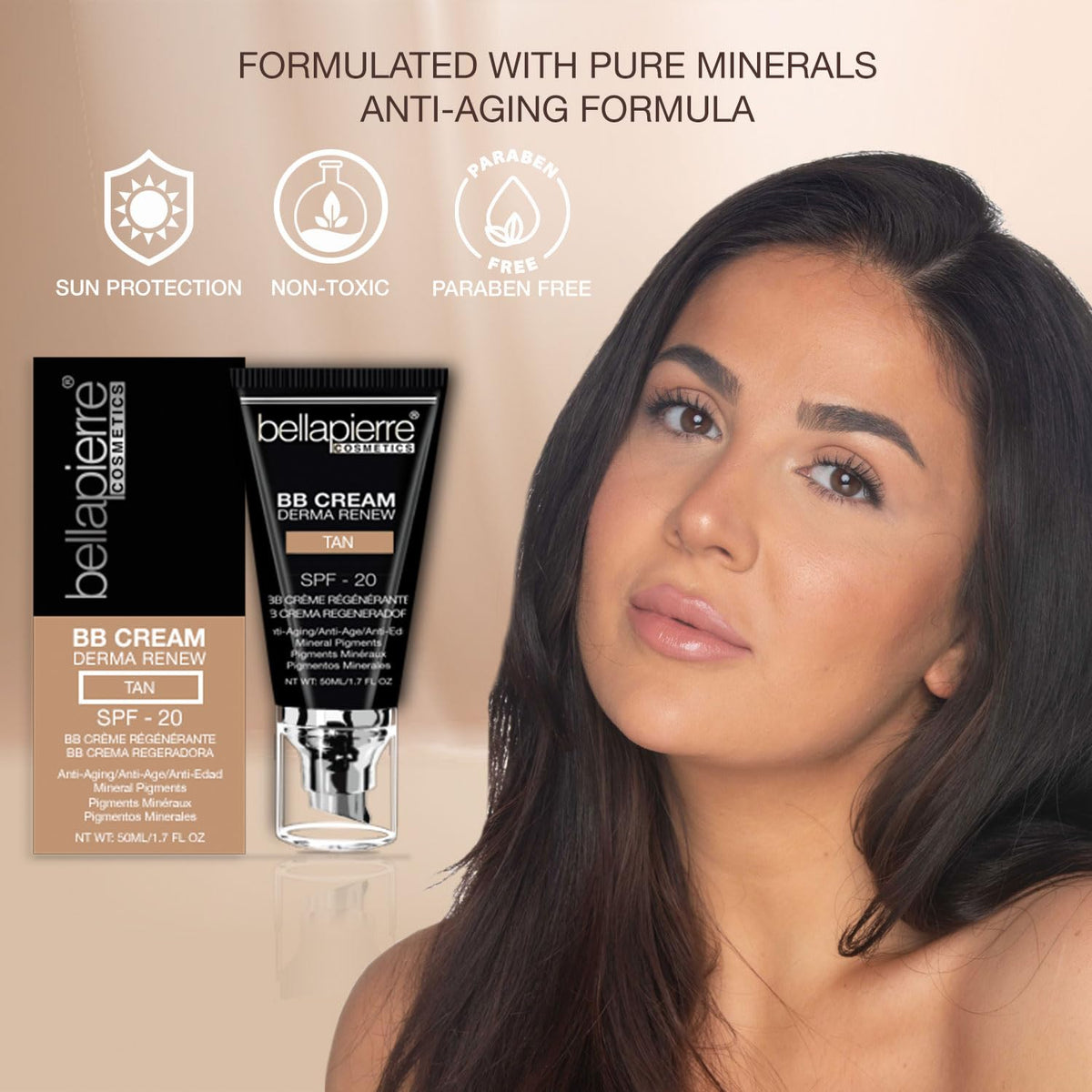 bellapierre BB Cream with SPF 20 - Tinted Sunscreen, Concealer, Matte Foundation, & Moisturizing Face Cream | Lightweight Formula + Pump Top Applicator | Non-Toxic & Paraben Free | 1.7 Oz - Dark Cool