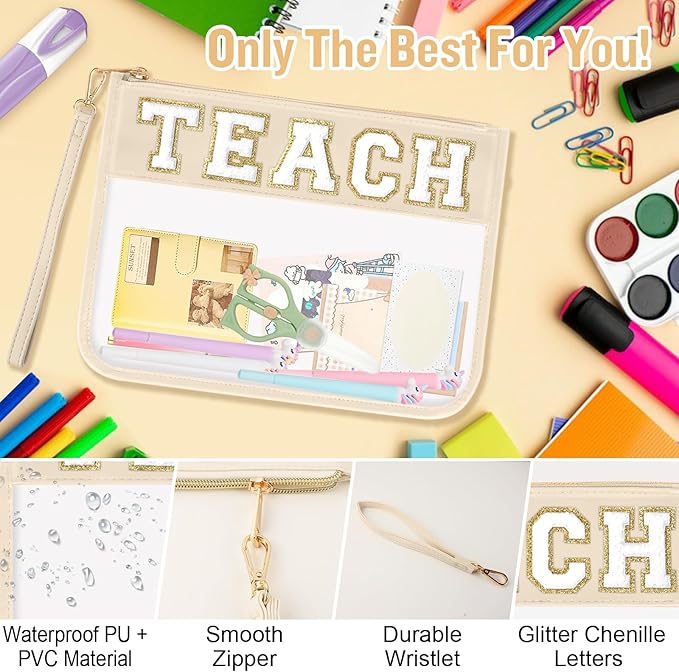 Teacher Appreciation Gifts TEACH Chenille Letter Clear Makeup Bag Pouch, Monogram PVC Clear Zipper Pouch with Wristlet Travel Cosmetic Bag Graduation Retirement Teacher Gifts for Women(TEACH-Beige)
