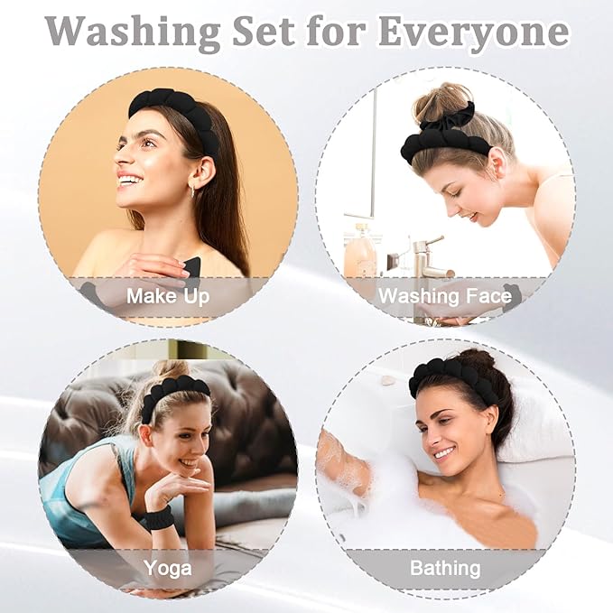 7Pc Headband and Wristband Set for Skincare, Face Washing, Makeup Removal - Includes Terry Cloth Headbands, Facial Sponges, and Powder Puffs in Black