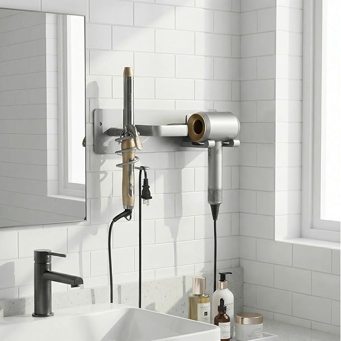 Blow Dryer Holder Wall Mount, 3 in 1 Bathroom Hair Tool Organizer with Curling Iron Holder & Flat Iron Holder, Universal Hair Dryer Holder Rack Storage (Silver)
