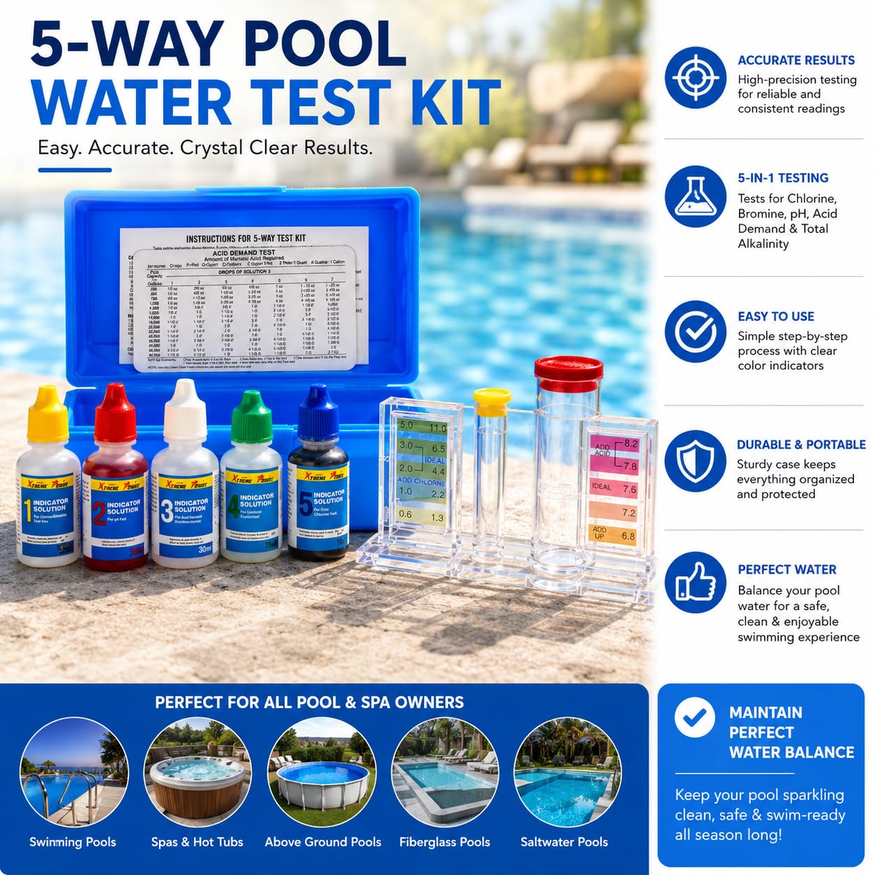 XtremepowerUS 5-Way Swimming Pool Test Kit pH, Chlorine, Bromine, Alkalinity Chemistry Testing with Case Spa, Inground Above Ground Pool Residential
