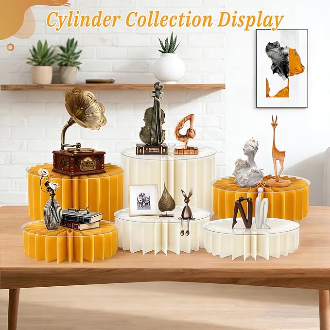 6Pcs Buffet Risers, Food Risers for Table, Foldable Cake Display Stands, Tall Cardboard Cupcakes Stand for Show Catering Desserts Jewelry Wedding Birthday Party Decoration (Yellow White)