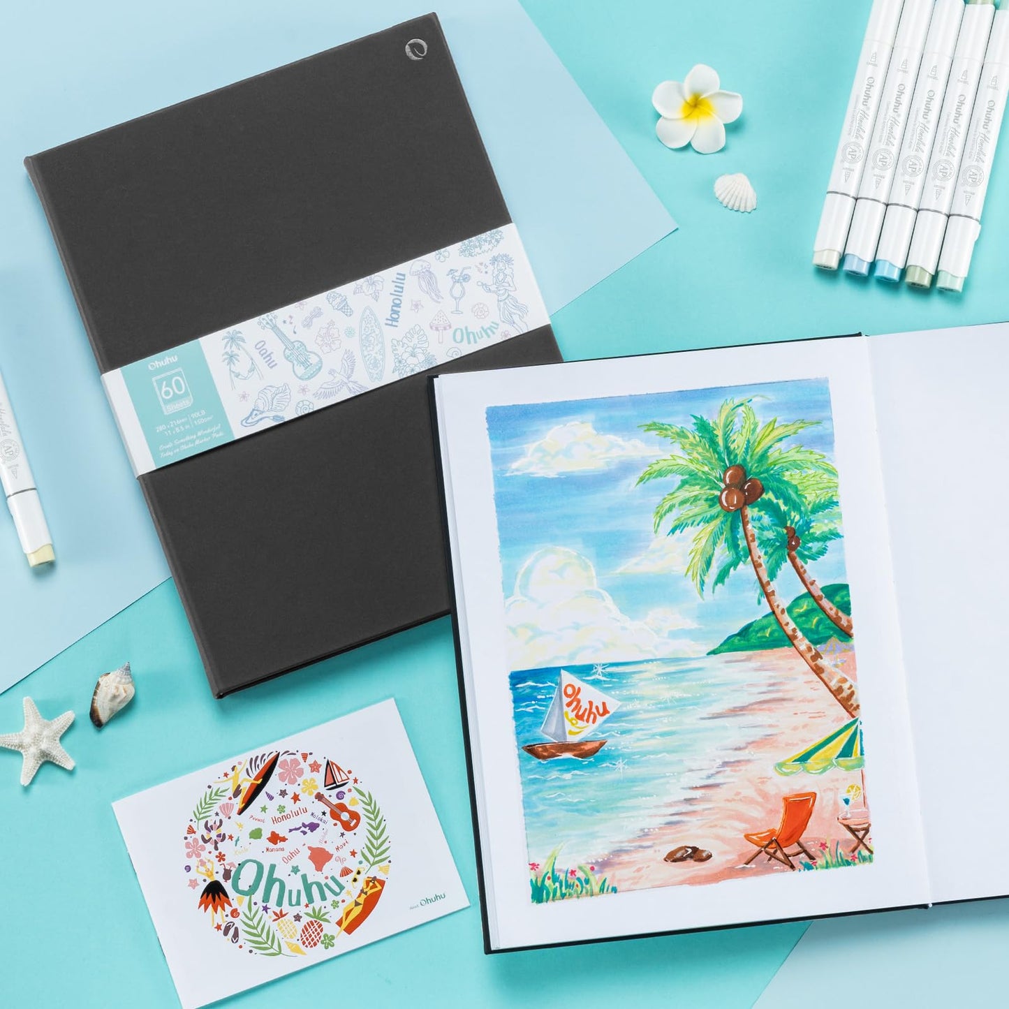 Ohuhu Double-Sided Marker Pad Art Sketchbook Bleedproof - 8.5"x11" Large Paper Size - 90 lb/150 gsm Smooth Drawing Paper - 60 Sheets/120 Pages - Hardcover Sketching Book for Alcohol Markers Paints
