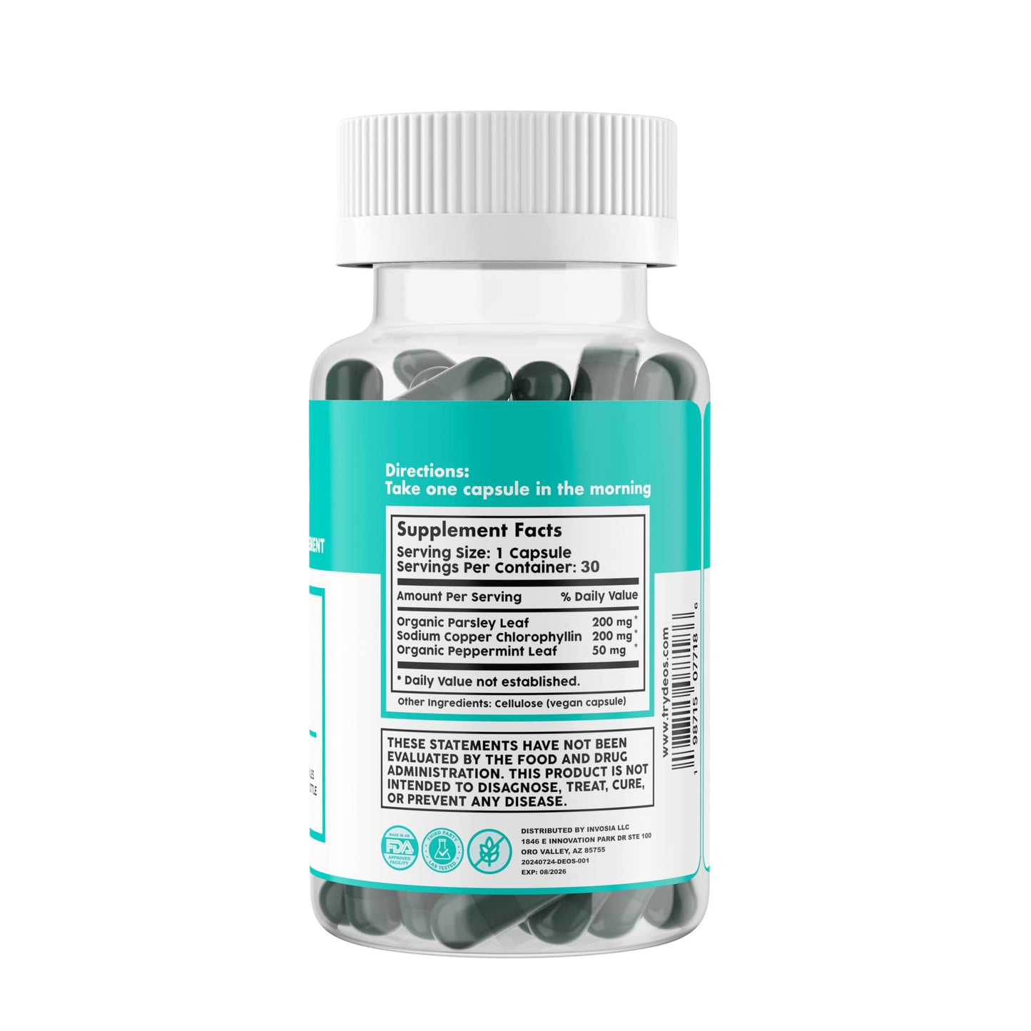 DEOS Internal Deodorant Supplement – Full Body Deodorizer for Gut Health, Skin Health, Detox & Digestion Support – Natural Odor Control Chlorophyll Pills | 30 Capsules