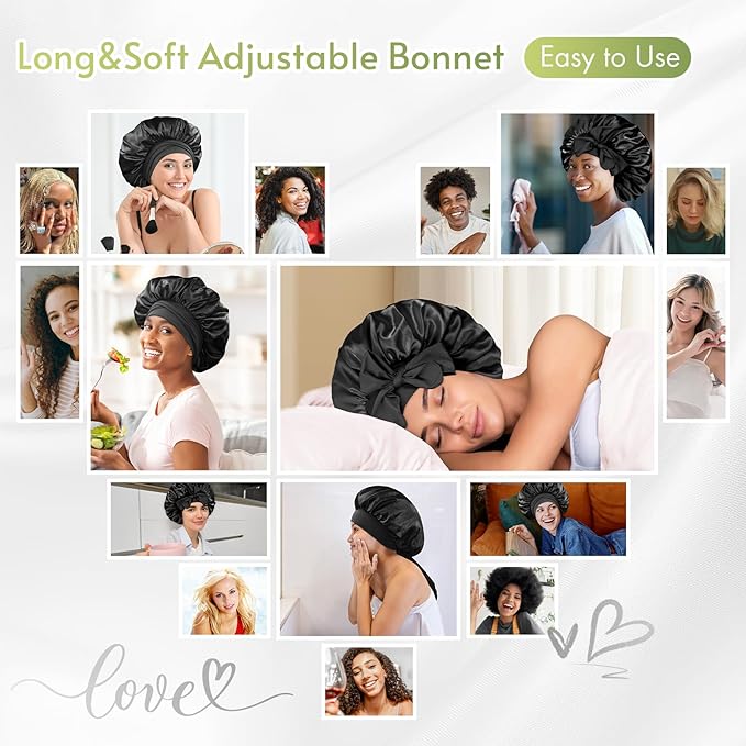 BONNET QUEEN Small Silk Bonnet for Sleeping Women Anti-Frizzy Satin Bonnet Night Sleep Cap Wrap for Curly Hair with Adjustable Tie Band, Double Layer, Black