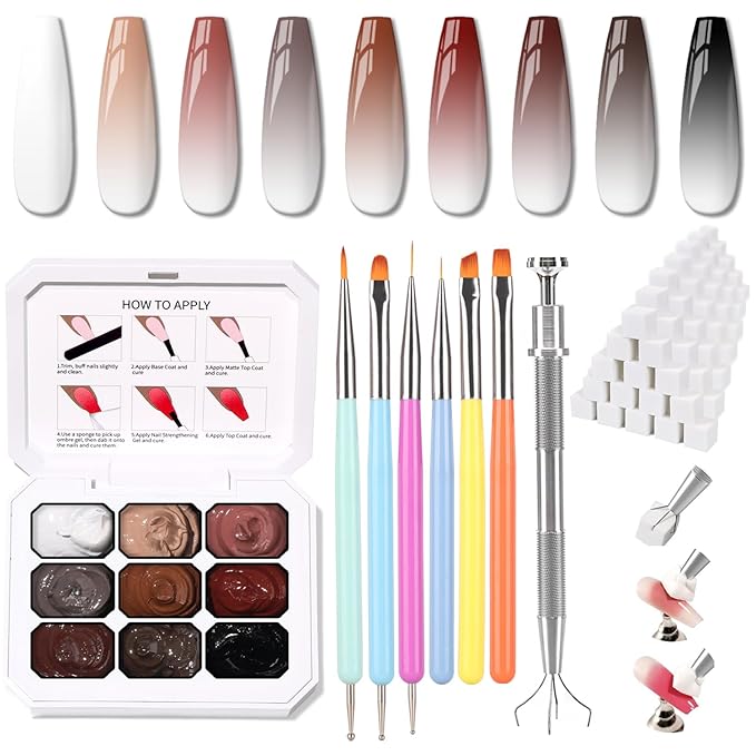 Christmas Gel Polish, 9 Colors Ombre Patting Gel Nail Polish Palette, 100 Sponges 6 Brushes 1Grabber, Blending Color Gradient Painting Nails Art, No Wipe, UV/LED Cured (Set 06)