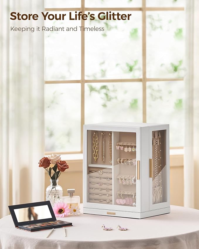 Glimmloop 360ÃÂ° Rotating Jewelry Box with 5 Drawers, Spacious Vertical Jewelry Organizer with Glass Window, Jewelry Storage Case, Dustproof & Moisture-resistant Design, White