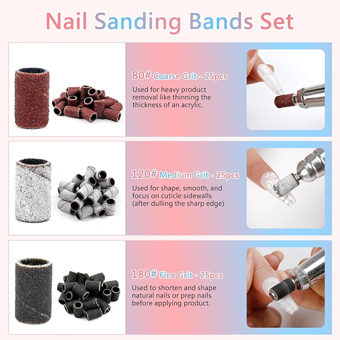 BQAN Nail Drill Bits Set, 10Pcs 3/32 In Drill Bit for Nail Tech Ceramic Diamond Bits with 75Pcs Nail File Sanding Bands for Remove Cuticle Acrylic Polish Nails Manicure