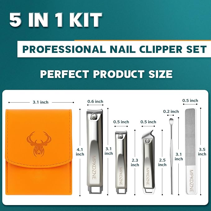 Pro 5-in-1 Nail Clippers Set for Men & Women. Ultra Sharp Stainless Steel Manicure Kit w/Angled Trimmer in Luxury Leather Case. Travel & Home Use (5-in-1 Silver)