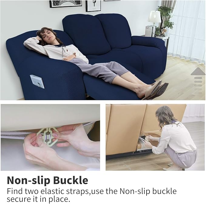 Easy-Going 8 Pieces Recliner Sofa Stretch Sofa Slipcover Sofa Cover Furniture Protector Couch Soft with Elastic Bottom Kids, Spandex Jacquard Fabric Small Checks Navy