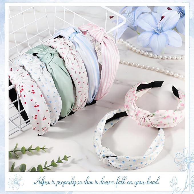 obeoby 8Pcs Floral Headbands for Keep Your Hairstyle, Trendy Knotted Headband for Spring Summer Outfit Non Slip Gifts for Granddaughter