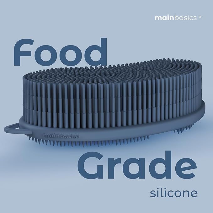 MainBasics Silicone Body Scrubber Dual-Sided Shower Loofah and Exfoliator (Dark Blue, Exfoliate)