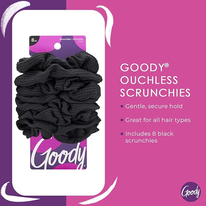 Goody Ouchless Jersey Scrunchies, 8 Ct, Black, Damage-Free, Dentless & Secure Hold Ties, Gentle Hair Accessories for Women & Men, All Day Comfort, All Hair Types