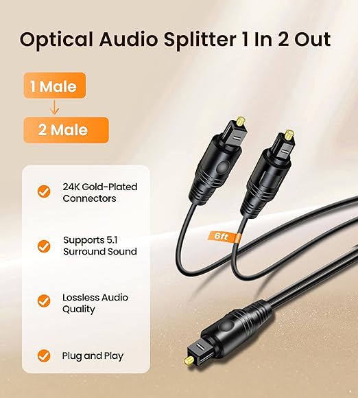 avedio links Digital Audio Splitter 1 in 2 Out 6ft, Toslink Digital Fiber Optic Audio Splitter 1 Male Input 2 Male Output (for Home Theatre, Xbox, PS3/PS4)