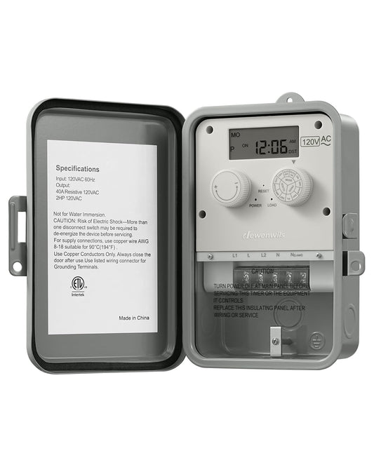 DEWENWILS Outdoor Digital Pool Timer, 2HP 40A 120VAC, 7-Day 12 ON/Off Programmable Outdoor Timer for Pool Pump, Water Heater, Pool Filter, Landscape Lights, Gray, ETL Listed