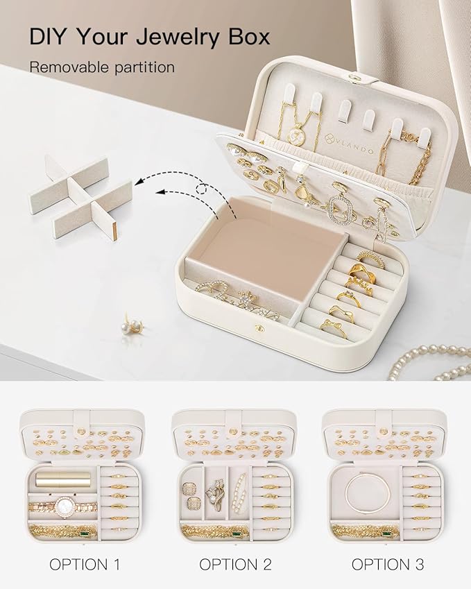 VLANDO Travel Jewelry Case for Women Girls, Gifts for Mother, PU Leather Small Jewelry Box for Rings, Necklaces, Bracelets, Earring Holder Organizer Storage for Travel Essentials - Beige