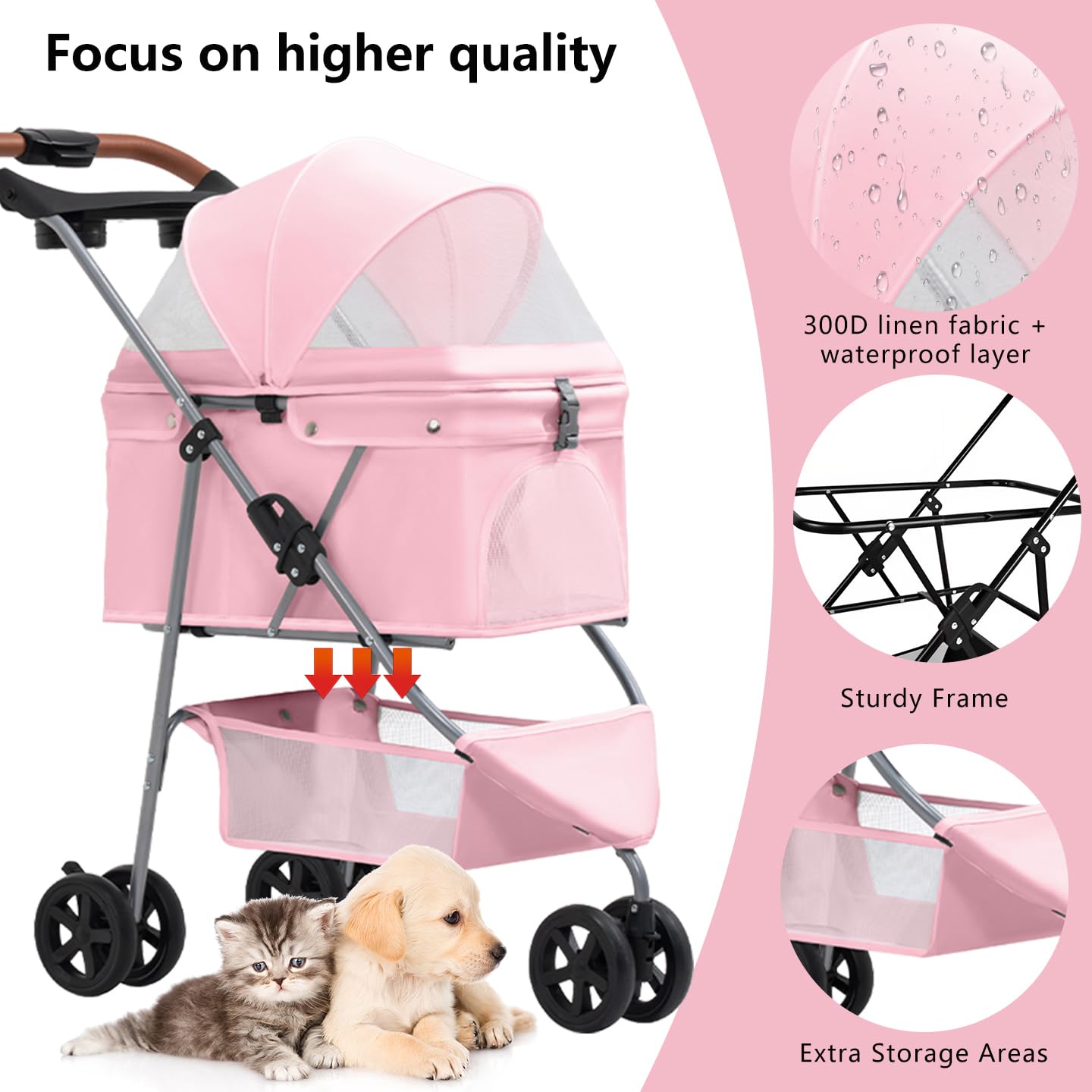 Pet Stroller for Small/Medium Dogs and Cats, Foldable 3 Wheel Jogger with One-Click Fold, Breathable Mesh, Storage Basket, Cup Holder, Weather Cover, (Pink)