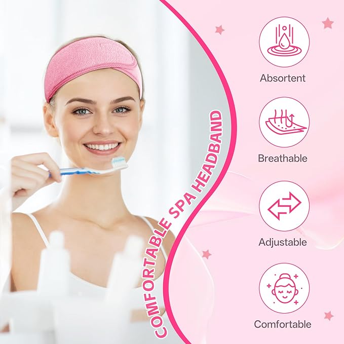 80 Pack Adjustable Spa Headband for Women Non-Slip Facial Hair Wrap for Washing Face, Makeup, Shower, Skincare, and Yoga (Pink, 80)