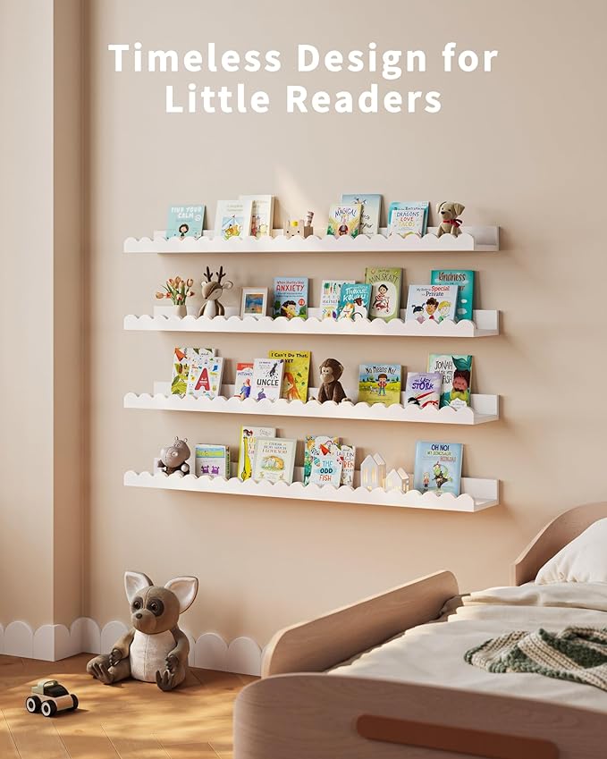 Shario Nursery Book Shelves, 4-Pack White Floating Shelves for Wall Kids, Scalloped Shelves, Wall Book Shelves for Bedroom Kids, Toddler Room, Baby Room, Nursery Decor (White, 36 Inches)